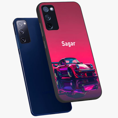 Neon Pink Porsche Glass Case displayed in angled mockup highlighting sleek neon pink car design with racing aesthetic.