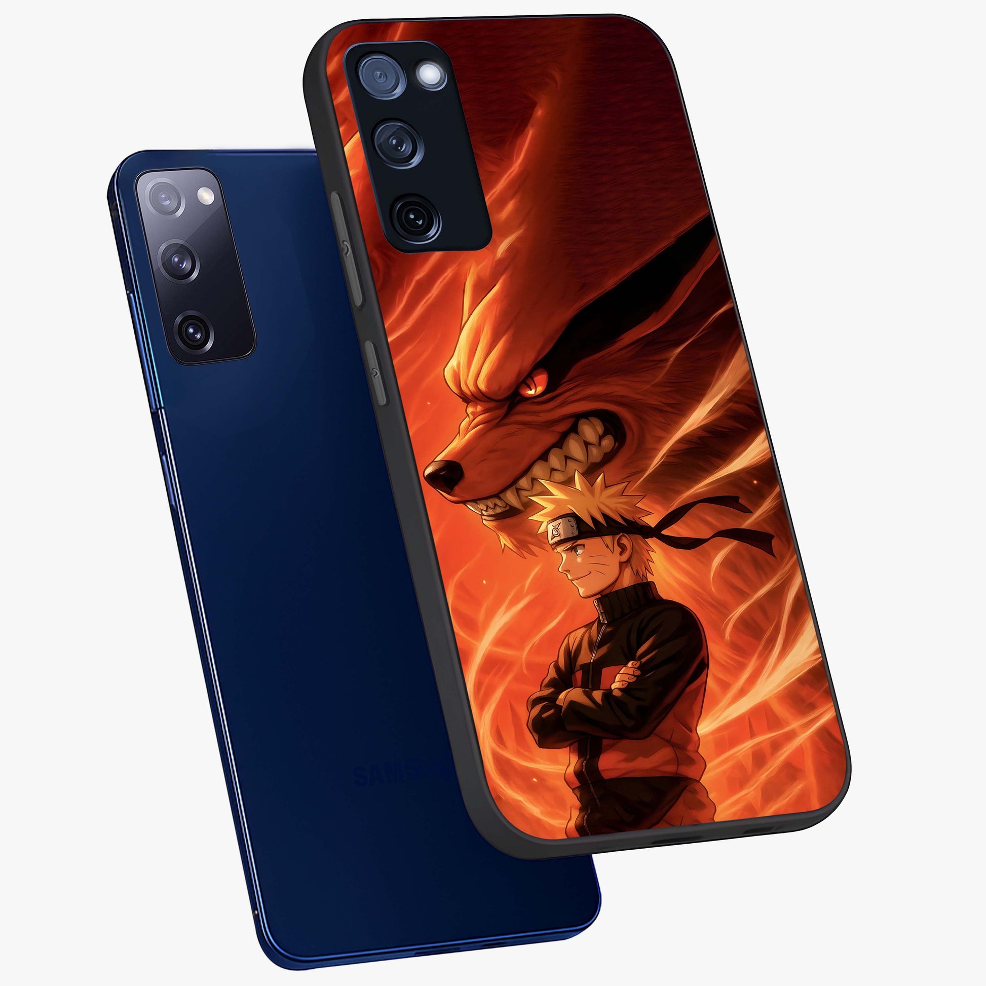 Nine Tails Legacy Glass Case displayed in angled mockup highlighting dynamic anime beast illustration with bold mystical aesthetic.