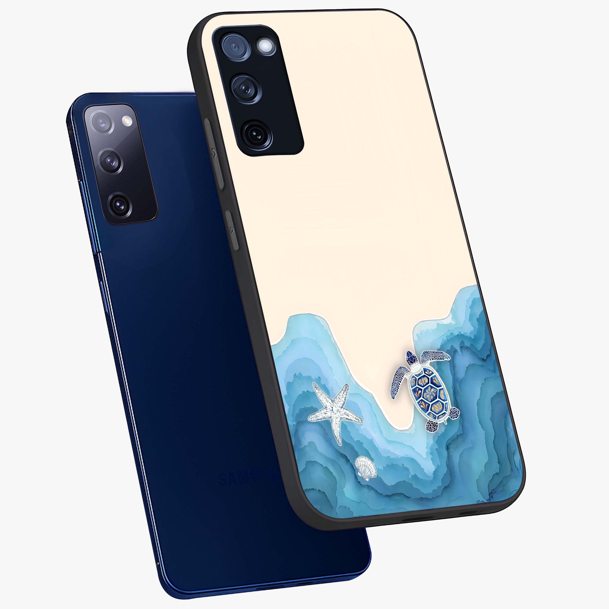 Ocean Drift Turtle Glass Case displayed in angled mockup highlighting peaceful ocean turtle illustration with marine aesthetic.