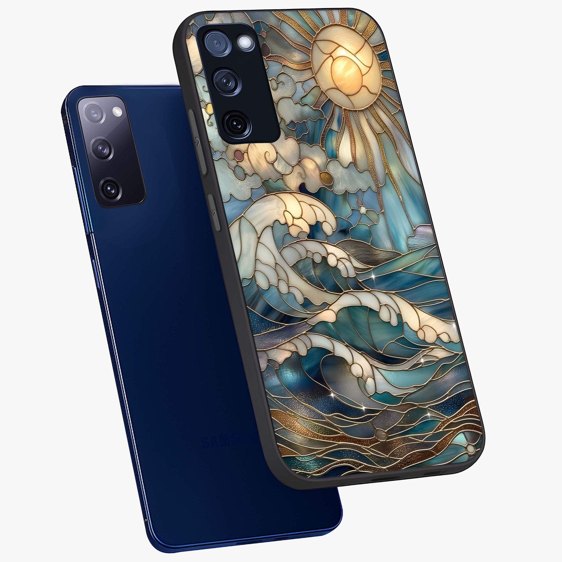 Oceanic Stained Printed Glass Case displayed in angled mockup highlighting colorful aquatic design with artistic aesthetic style.