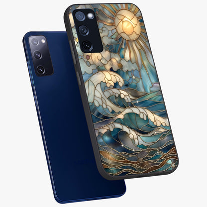Oceanic Stained Printed Glass Case displayed in angled mockup highlighting colorful aquatic design with artistic aesthetic style.