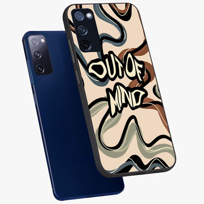 Out Of Mind Glass Case displayed in angled mockup highlighting bold statement design with modern artistic aesthetic.