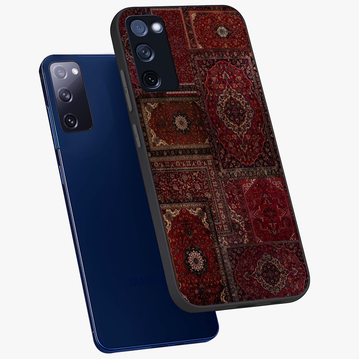 Persian Velvet Tale Glass Case displayed in angled mockup highlighting ornate textile inspired design with royal aesthetic.