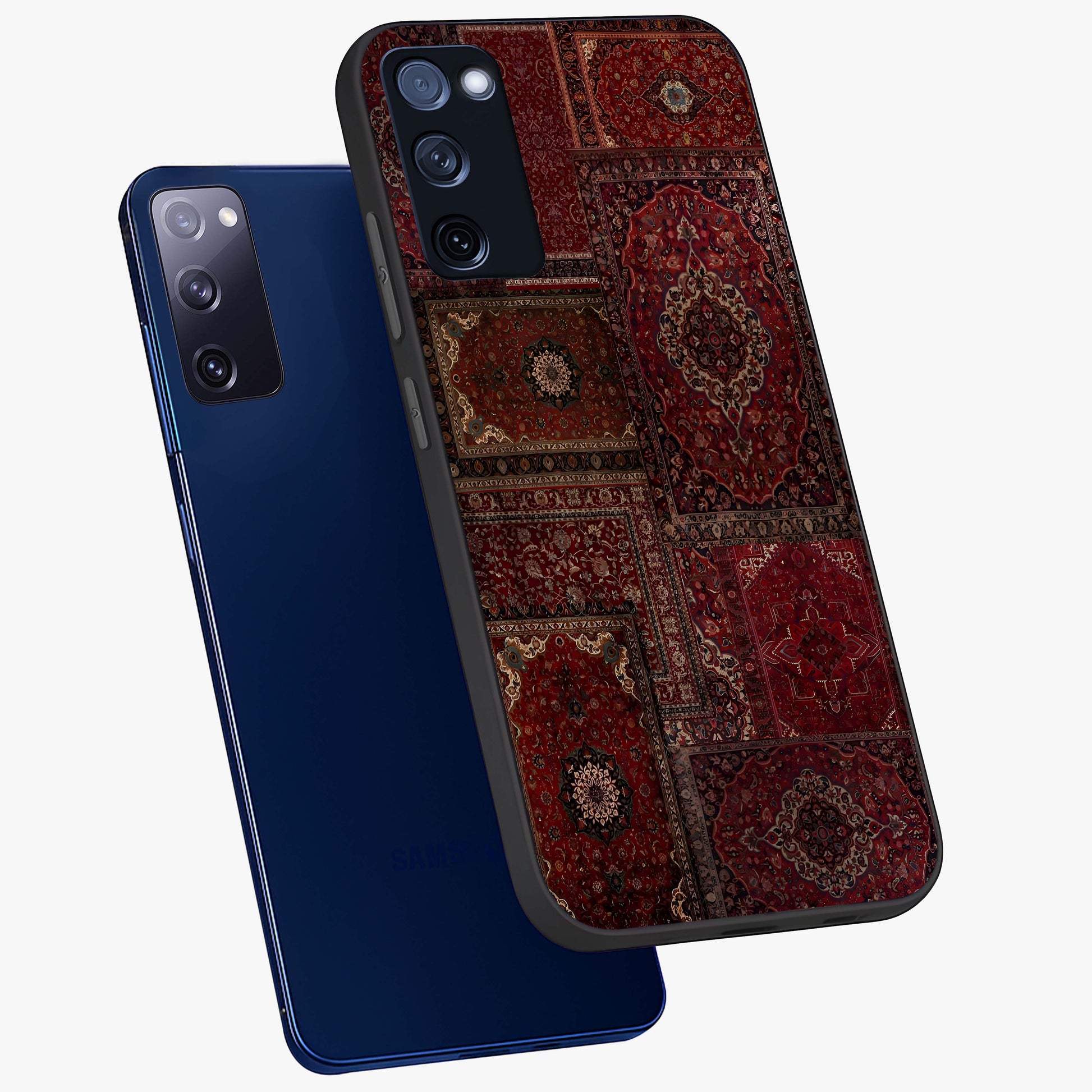 Persian Velvet Tale Glass Case displayed in angled mockup highlighting ornate textile inspired design with royal aesthetic.