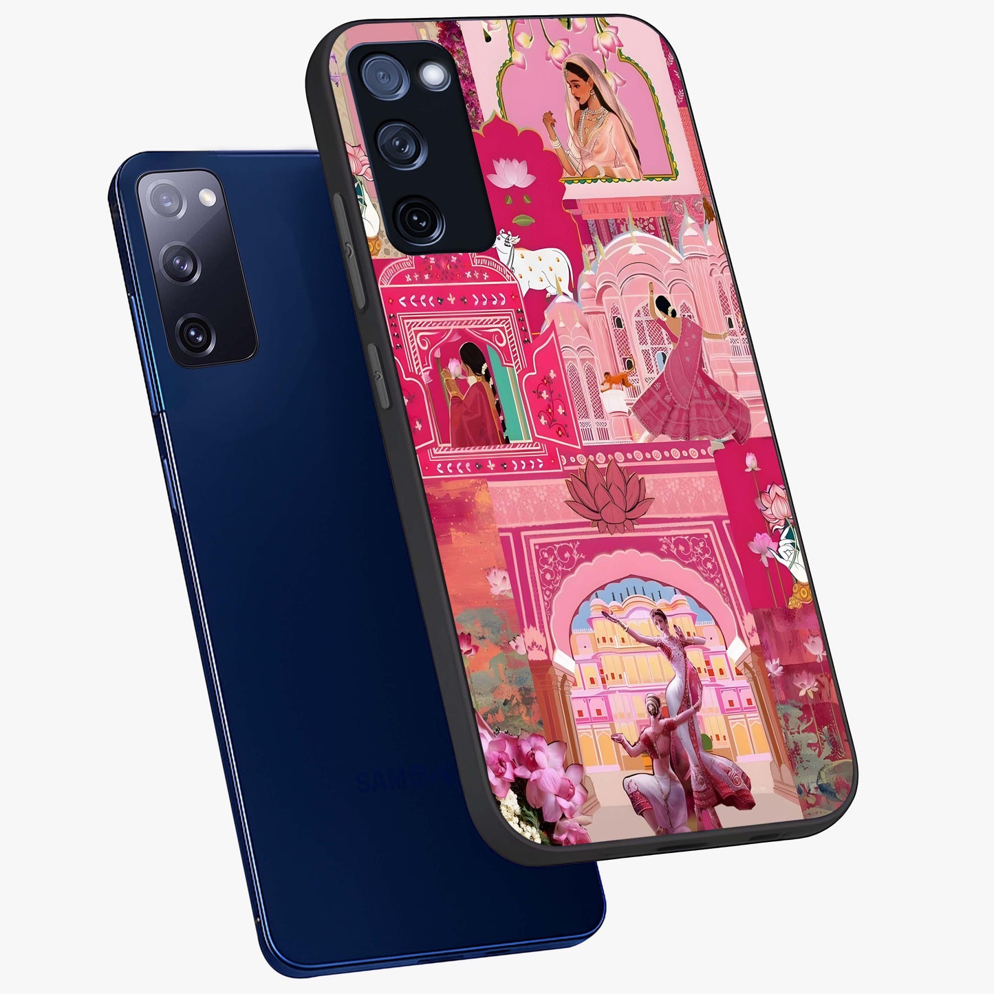 Pink Palace Muse Glass Case displayed in angled mockup highlighting dreamy palace illustration with soft pink aesthetic.