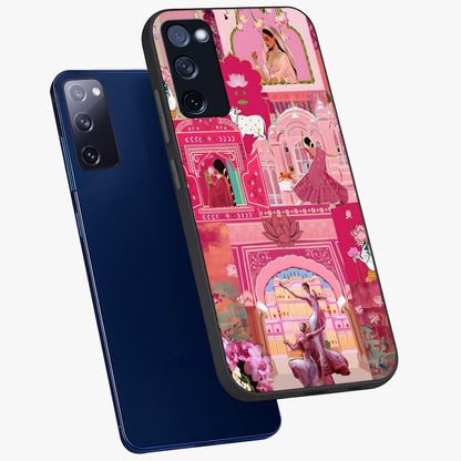 Pink Palace Muse Glass Case displayed in angled mockup highlighting dreamy palace illustration with soft pink aesthetic.