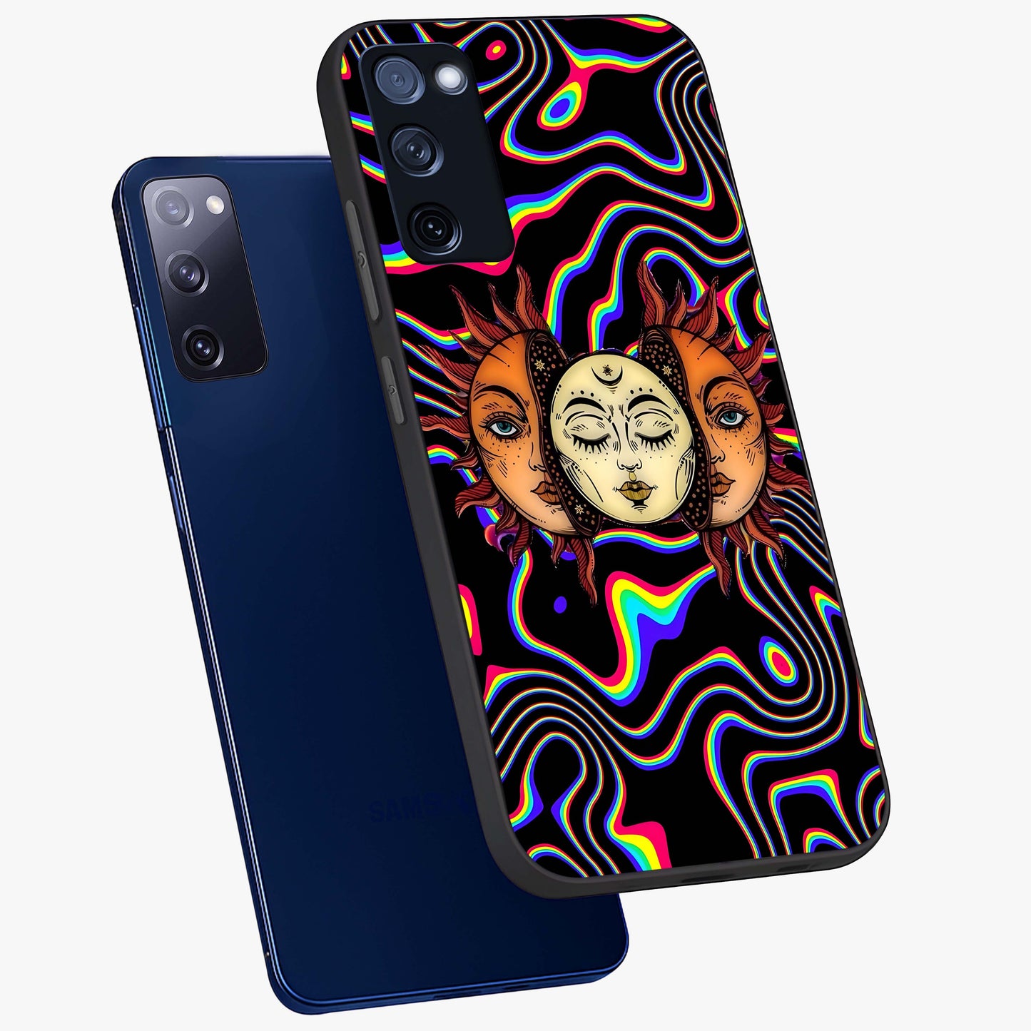 Psychedelic Sun Glass Case displayed in angled mockup highlighting vibrant abstract sun design with artistic aesthetic style.