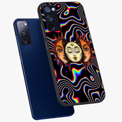 Psychedelic Sun Glass Case displayed in angled mockup highlighting vibrant abstract sun design with artistic aesthetic style.