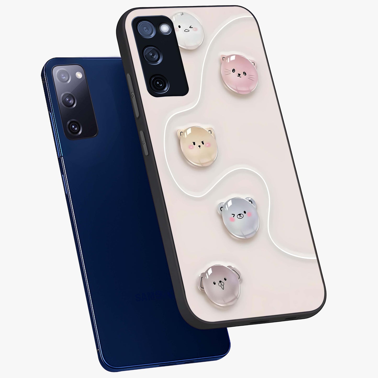 Puffy Face Parade Glass Case displayed in angled mockup highlighting playful cartoon face design with fun aesthetic.
