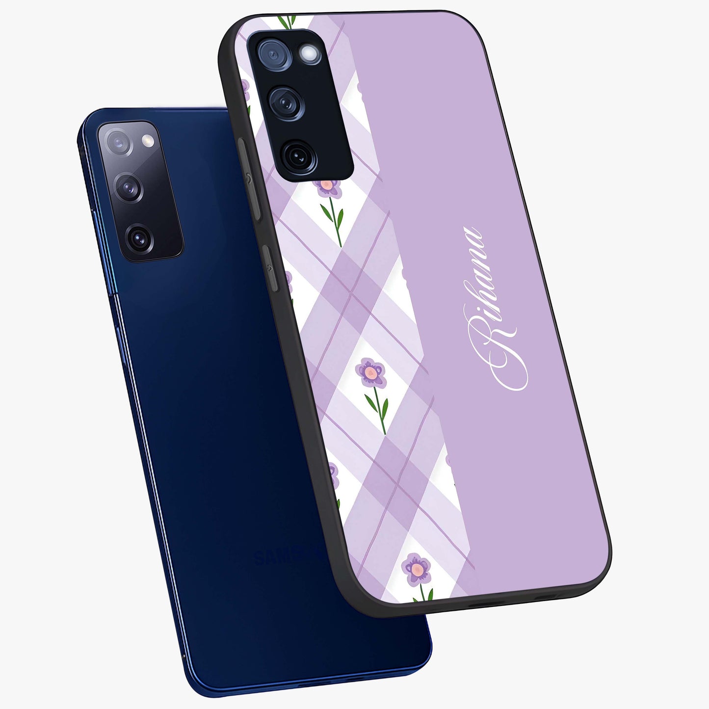 Purple Diamond Floral Glass Case displayed in angled mockup highlighting elegant purple flower design with decorative pattern.