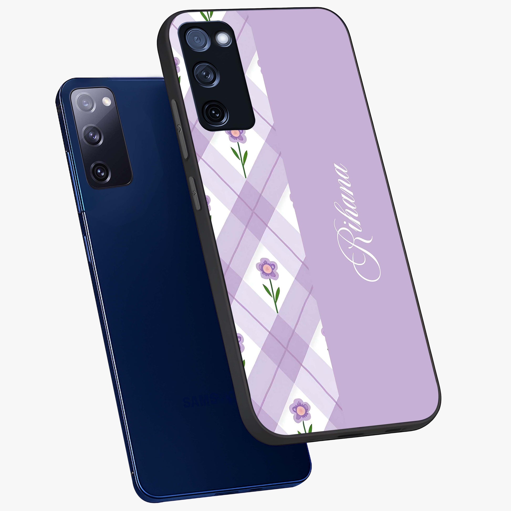 Purple Diamond Floral Glass Case displayed in angled mockup highlighting elegant purple flower design with decorative pattern.