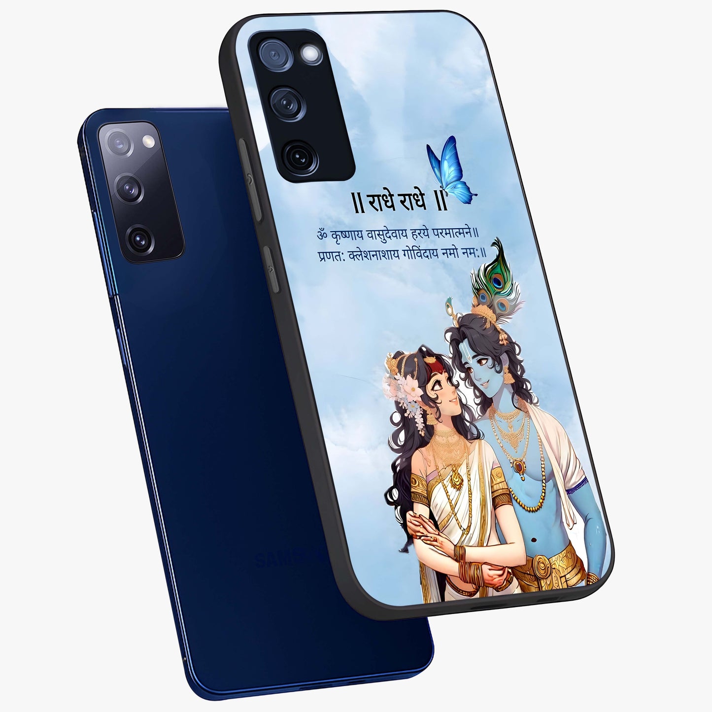 Radha Krishna Eternal Glass Case displayed in angled mockup highlighting divine Radha Krishna illustration with spiritual aesthetic.