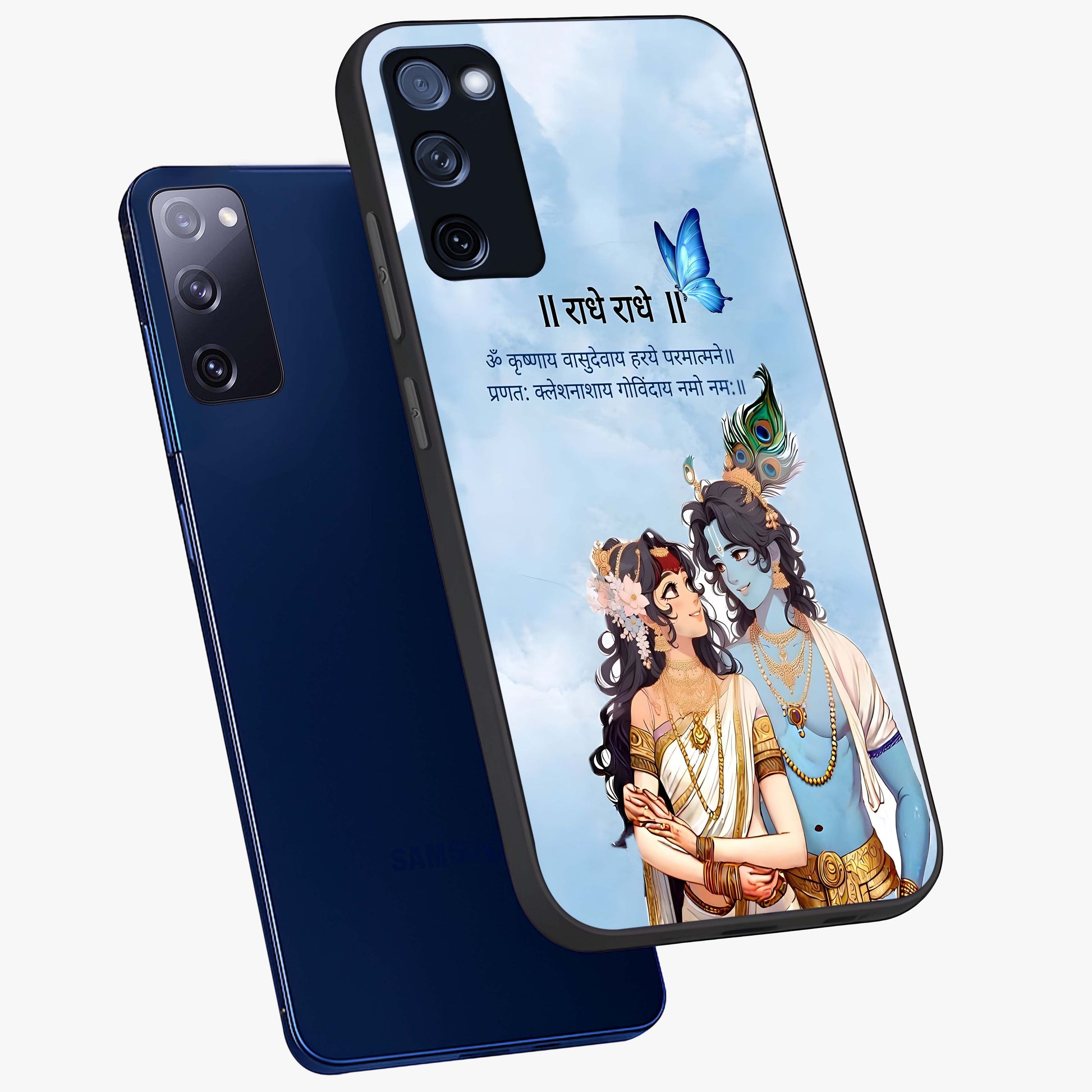 Radha Krishna Eternal Glass Case displayed in angled mockup highlighting divine Radha Krishna illustration with spiritual aesthetic.
