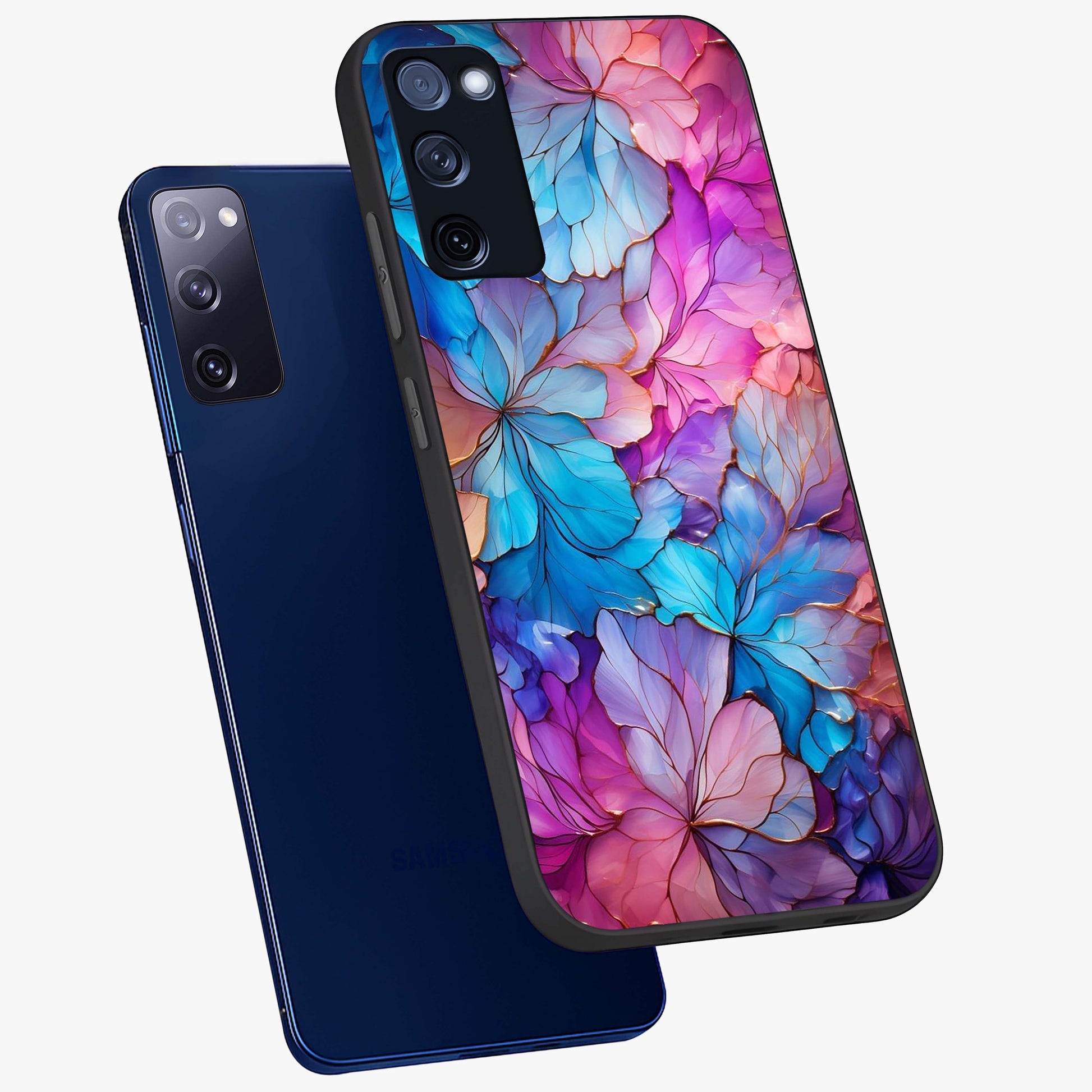 Radiant Floral Whirl Glass Case displayed in angled mockup highlighting vibrant flower pattern with dynamic artistic aesthetic.