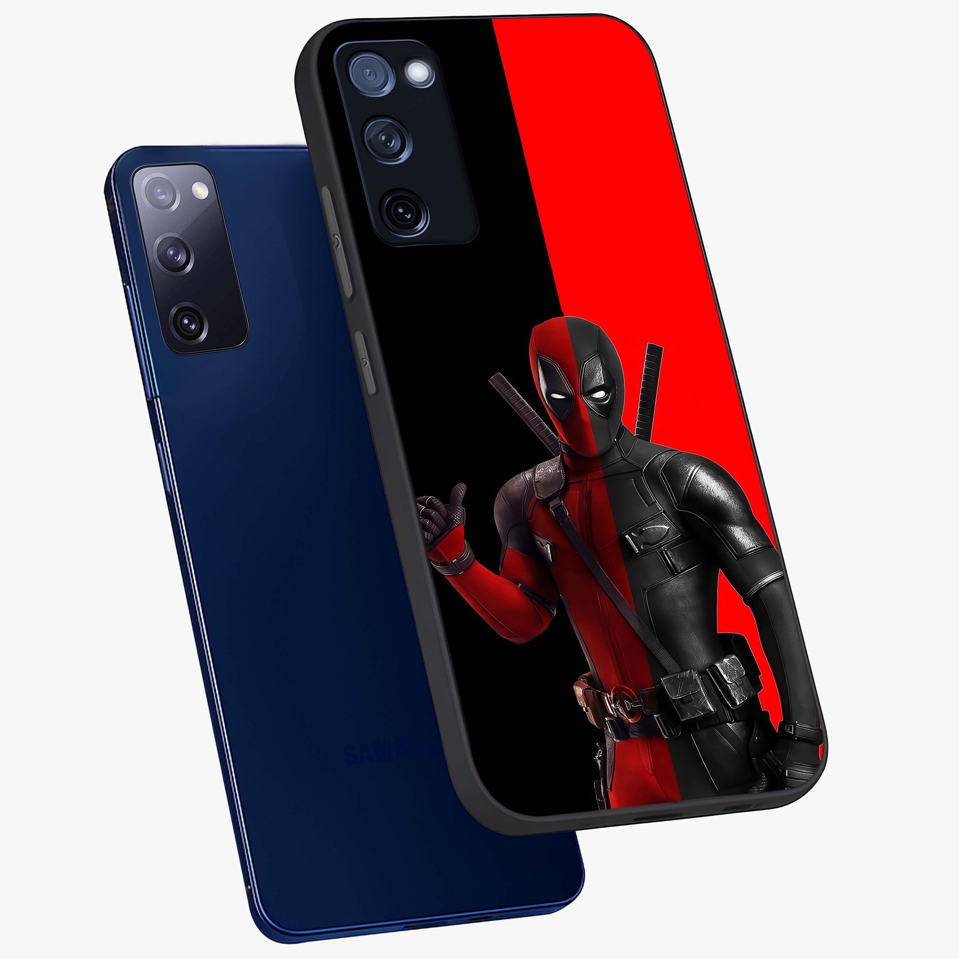 Red & Black Deadpool Theme Glass Case displayed in angled mockup highlighting vibrant superhero style illustration with action aesthetic.