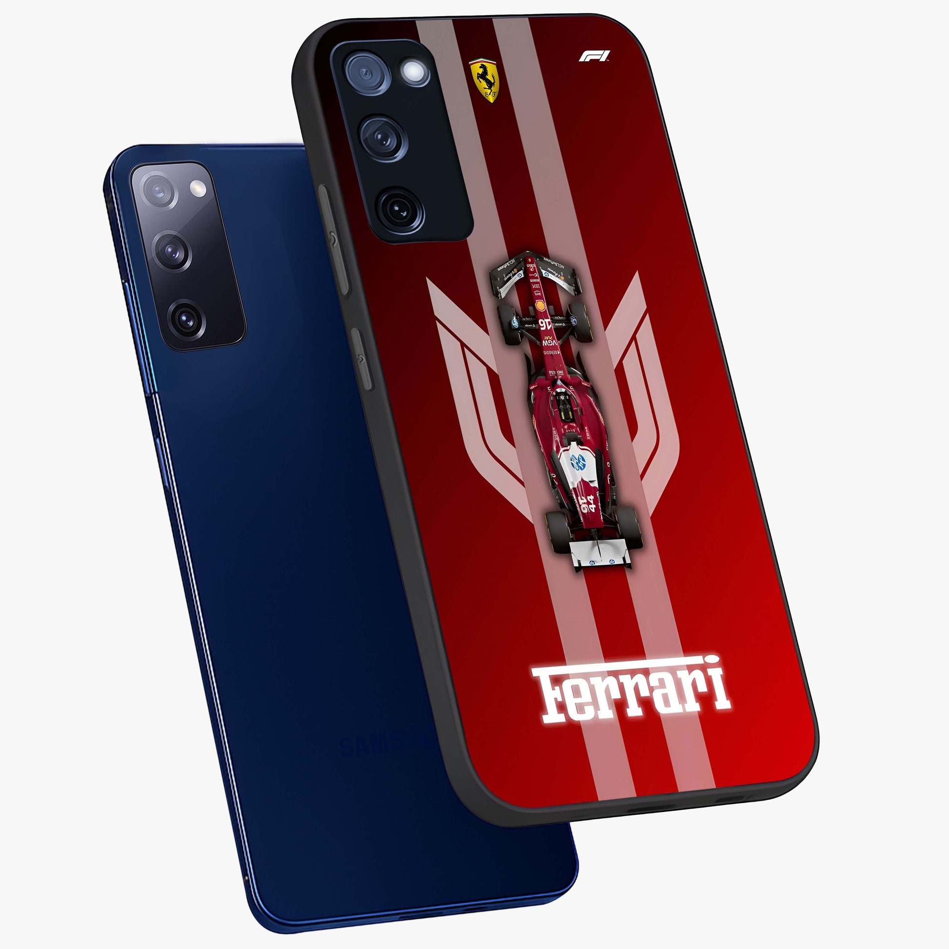 Red Ferrari F1 Vertical Glass Case displayed in angled mockup highlighting high speed racing design with bold automotive aesthetic.