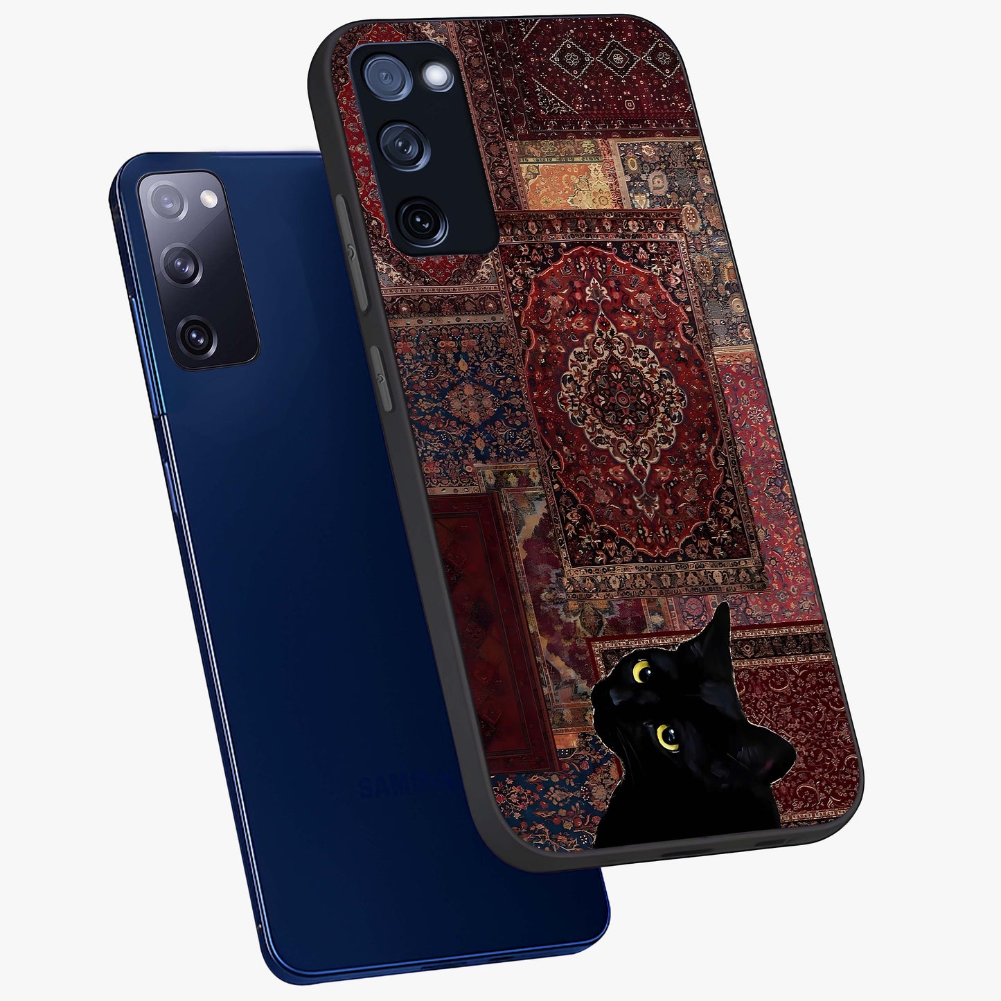 Regal Magic Cat Apple Glass Case displayed in angled mockup highlighting whimsical feline design with fantasy aesthetic.
