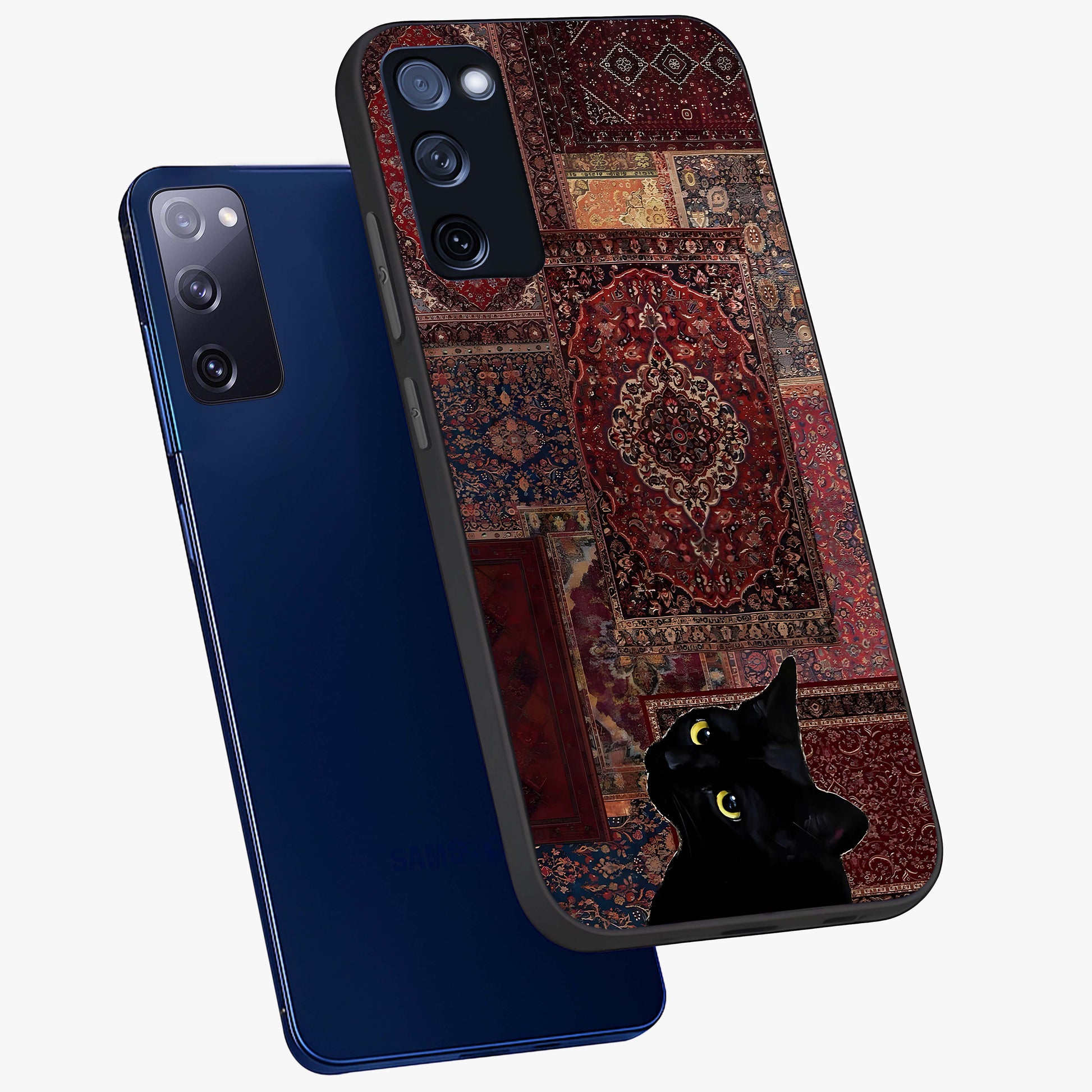 Regal Magic Cat Apple Glass Case displayed in angled mockup highlighting whimsical feline design with fantasy aesthetic.