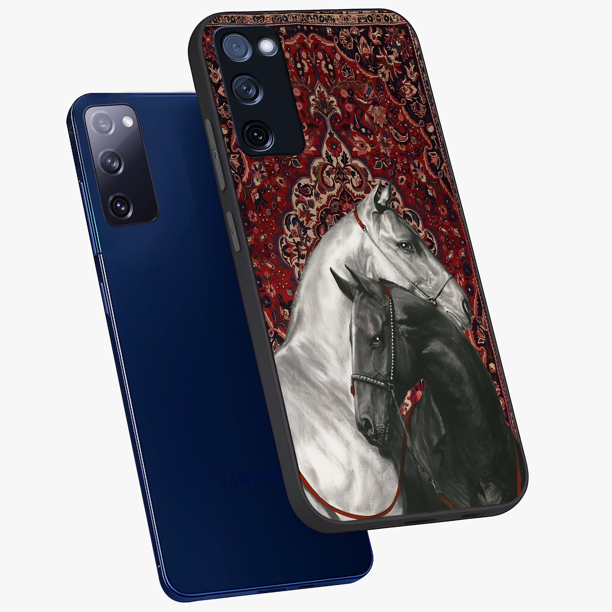 Regal Stallion Tapestry Glass Case displayed in angled mockup highlighting royal stallion design with decorative heritage aesthetic.