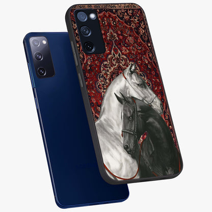 Regal Stallion Tapestry Glass Case displayed in angled mockup highlighting royal stallion design with decorative heritage aesthetic.