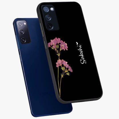 Riching Lavender Flower Custom Name Glass Case displayed in angled mockup highlighting delicate lavender flower design with custom name feature.