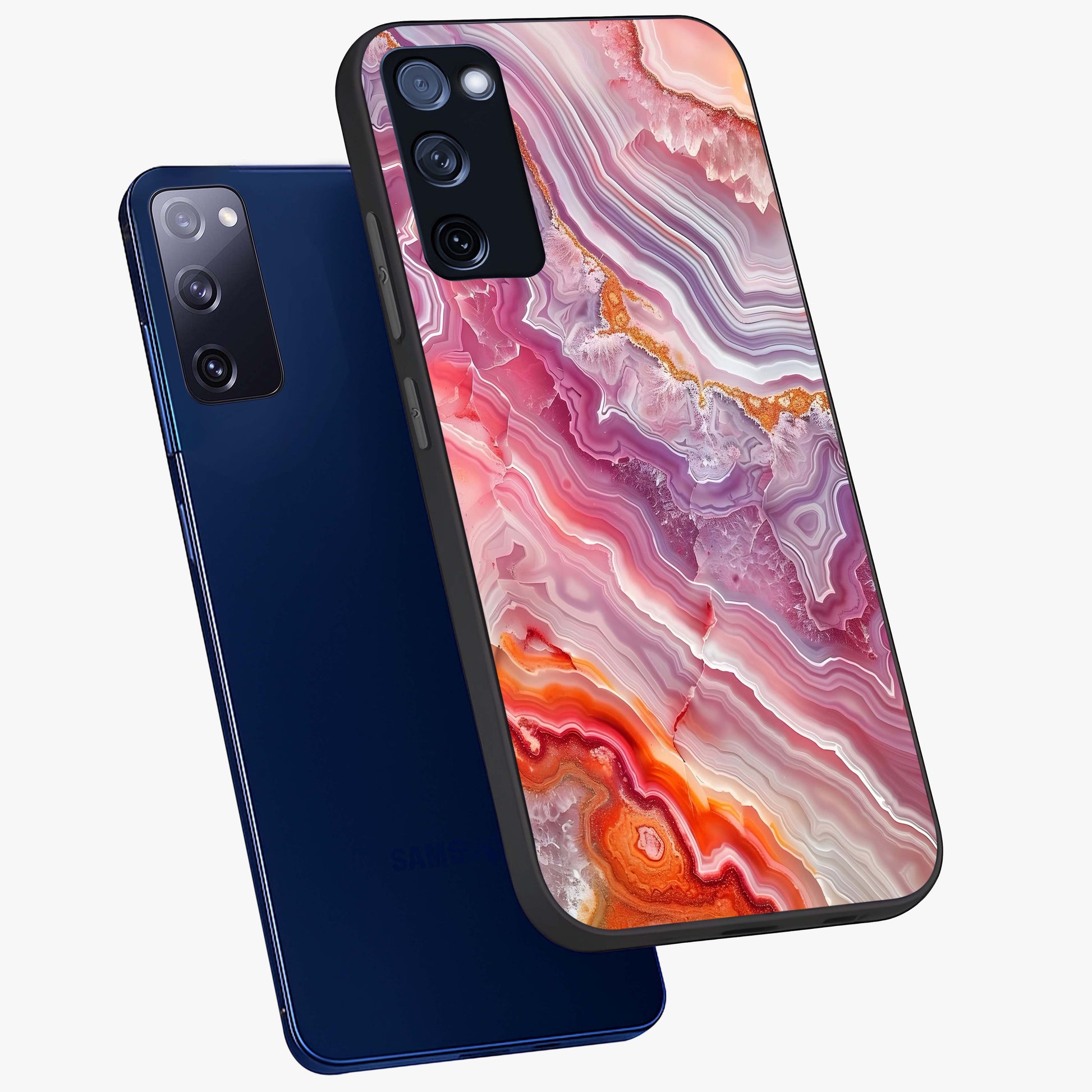 Rose Quartz Marble Glass Case displayed in angled mockup highlighting elegant marble pattern with soft aesthetic style.