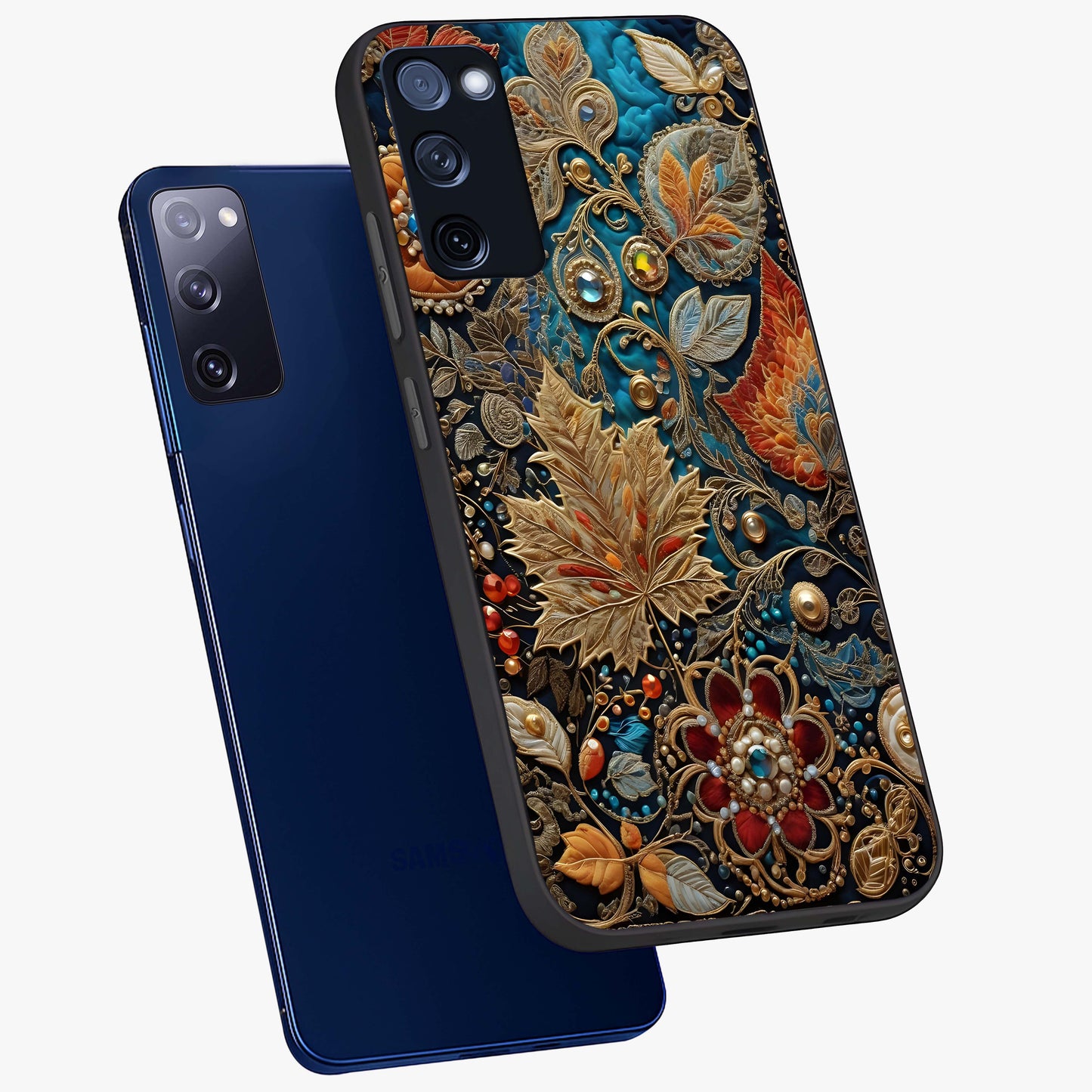 Royal Jewel Garden Glass Case displayed in angled mockup highlighting vibrant jewel inspired floral design with elegant aesthetic.