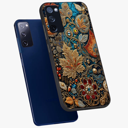 Royal Jewel Garden Glass Case displayed in angled mockup highlighting vibrant jewel inspired floral design with elegant aesthetic.