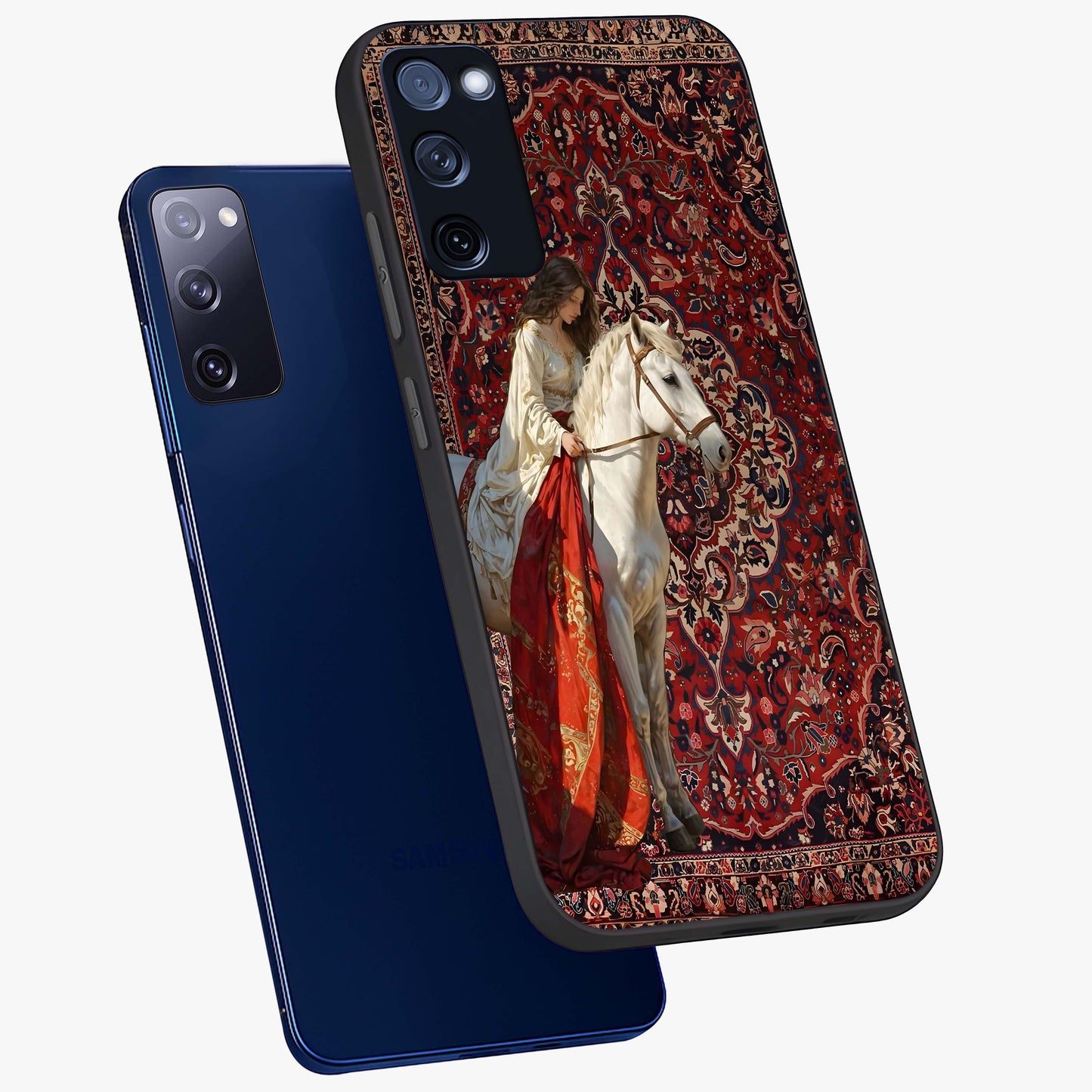 Royal Rider Tapestry Glass Case displayed in angled mockup highlighting traditional tapestry design with royal heritage aesthetic.