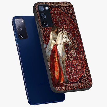 Royal Rider Tapestry Glass Case displayed in angled mockup highlighting traditional tapestry design with royal heritage aesthetic.