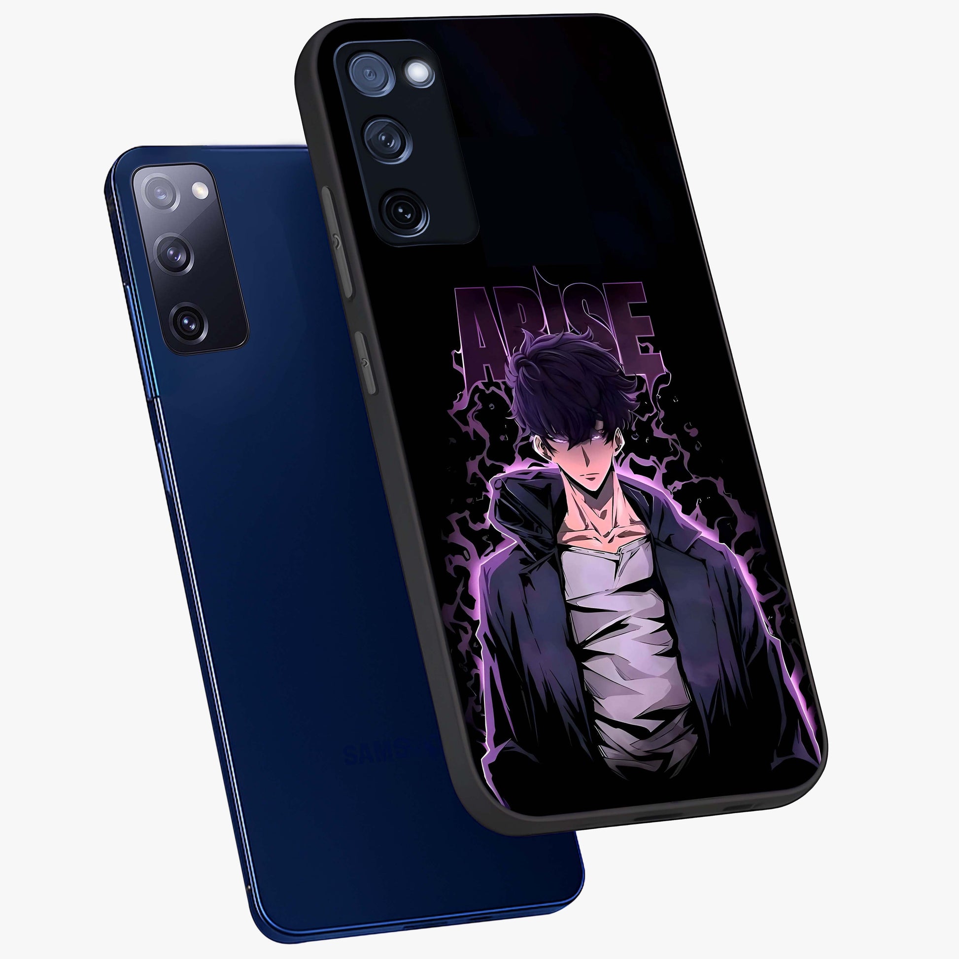 Shadow Monarch Awakening Glass Case displayed in angled mockup highlighting dramatic shadow warrior design with fantasy aesthetic.