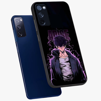 Shadow Monarch Awakening Glass Case displayed in angled mockup highlighting dramatic shadow warrior design with fantasy aesthetic.