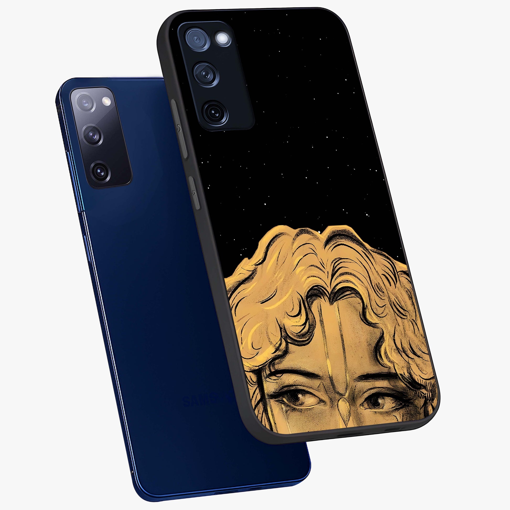 Shri Krishna Art Glass Case displayed in angled mockup highlighting spiritual Krishna illustration with divine aesthetic.