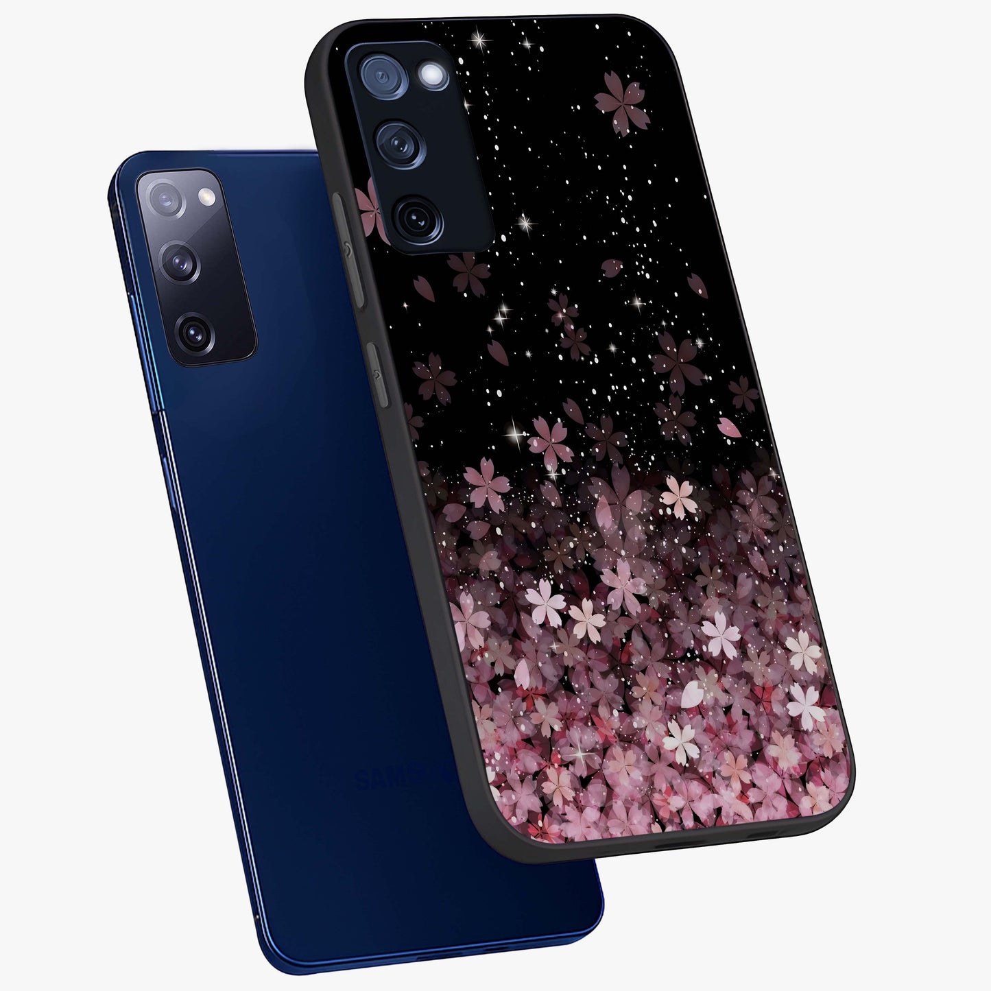 Small Starry Flowers Glass Case displayed in angled mockup highlighting tiny flower pattern with celestial aesthetic style.
