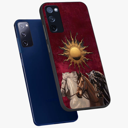 Solar Riders Glass Case displayed in angled mockup highlighting powerful rider illustration with radiant solar aesthetic.