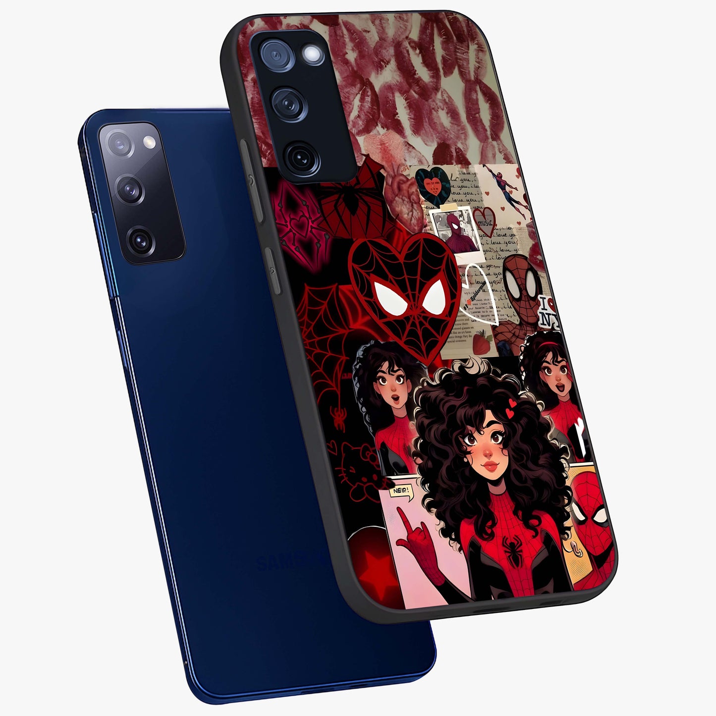 Spider Love Story Glass Case displayed in angled mockup highlighting expressive comic inspired design with playful aesthetic.