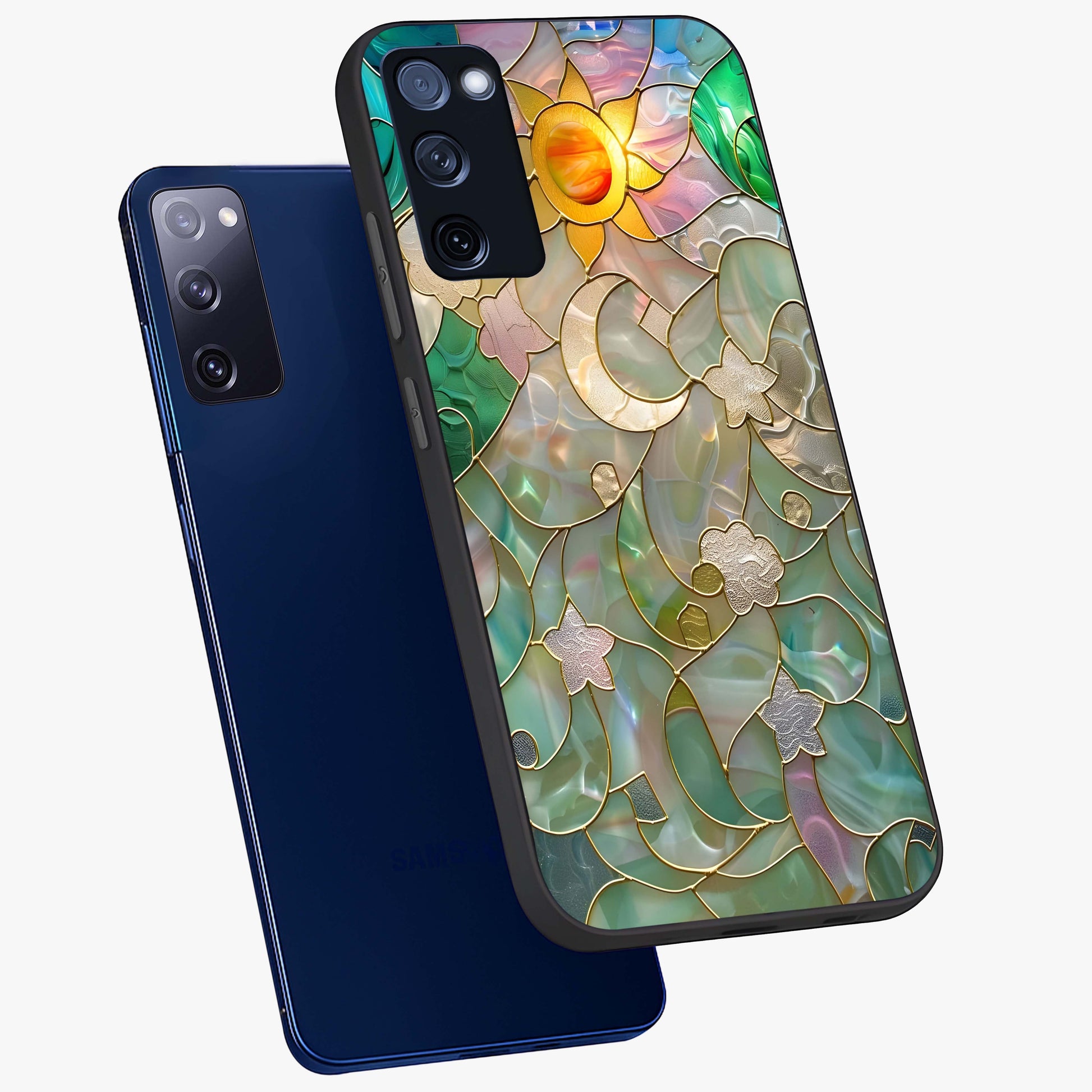 Stained Sunrise Glow Glass Case displayed in angled mockup highlighting radiant sunrise design with artistic aesthetic style.