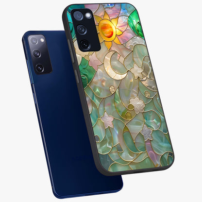 Stained Sunrise Glow Glass Case displayed in angled mockup highlighting radiant sunrise design with artistic aesthetic style.
