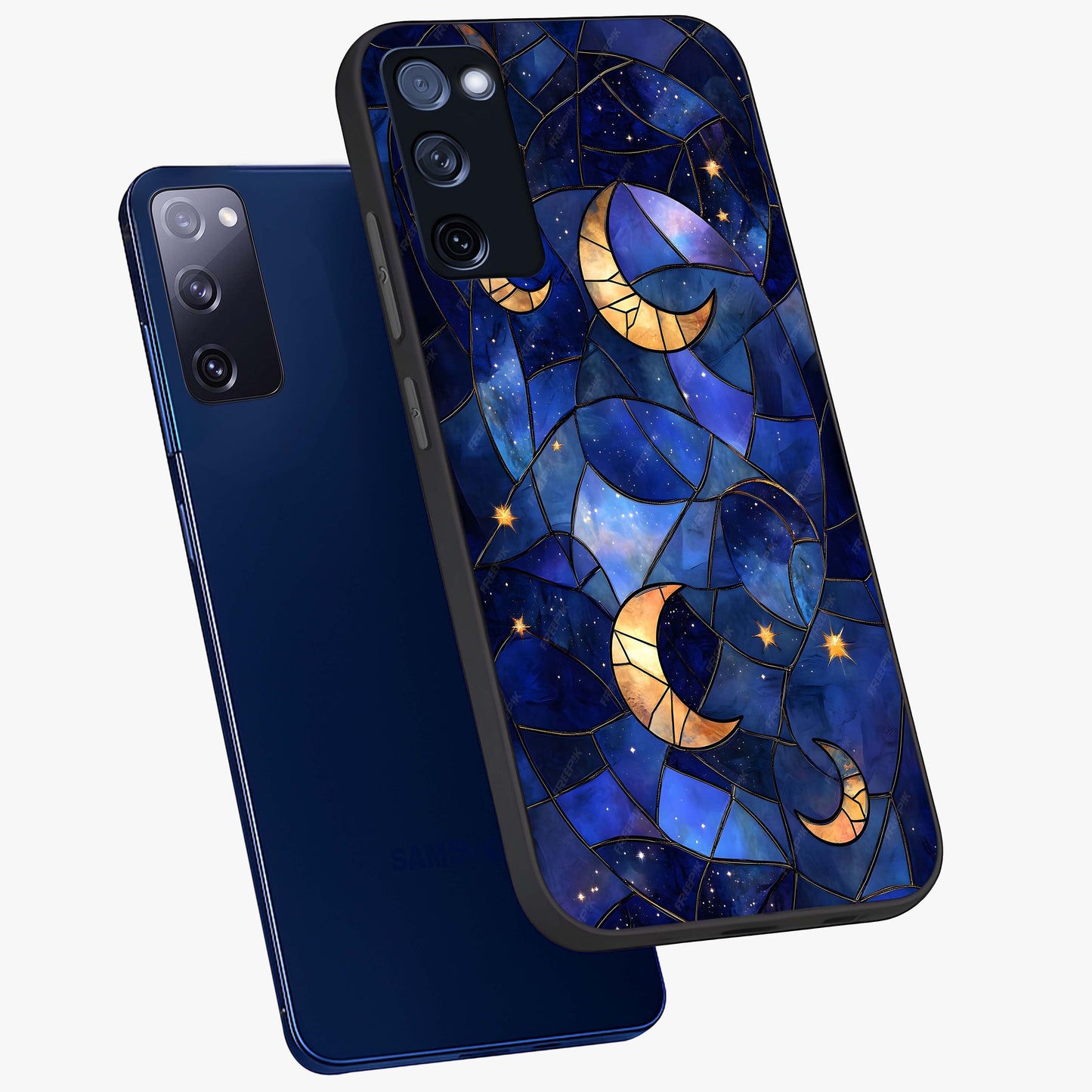 Starlit Sky Tapestry Glass Case displayed in angled mockup highlighting celestial night pattern with artistic aesthetic style.