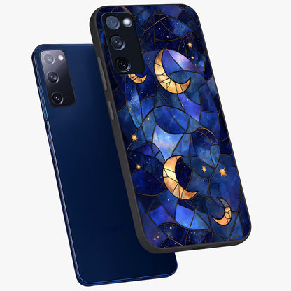 Starlit Sky Tapestry Glass Case displayed in angled mockup highlighting celestial night pattern with artistic aesthetic style.