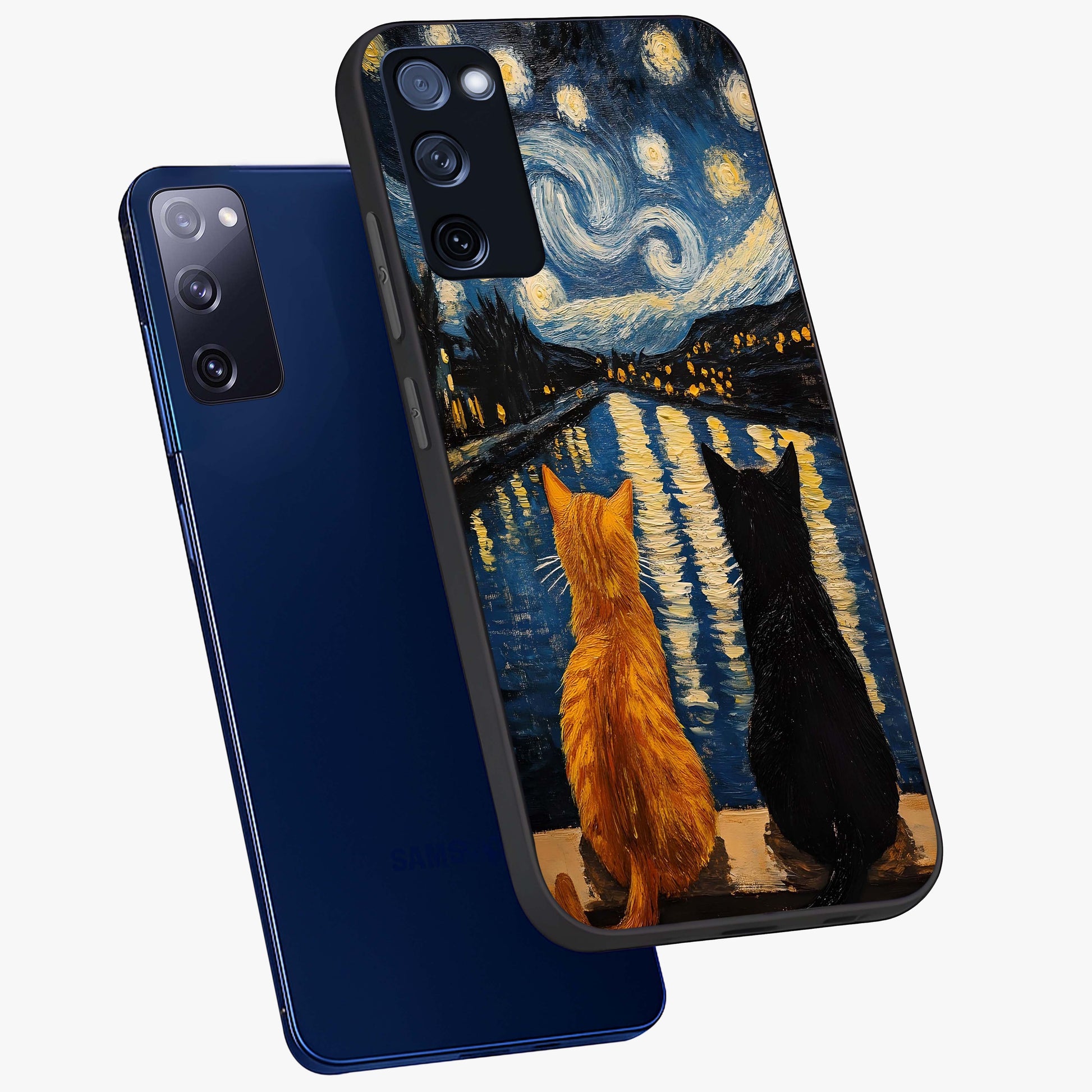 Starry River Cats Glass Case displayed in angled mockup highlighting charming feline illustration with dreamy night aesthetic.