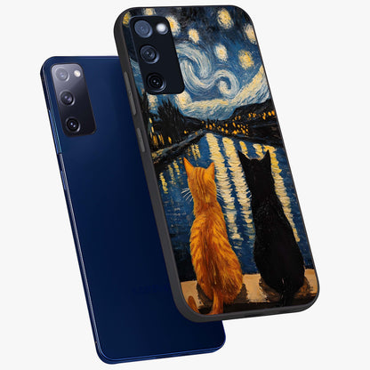 Starry River Cats Glass Case displayed in angled mockup highlighting charming feline illustration with dreamy night aesthetic.