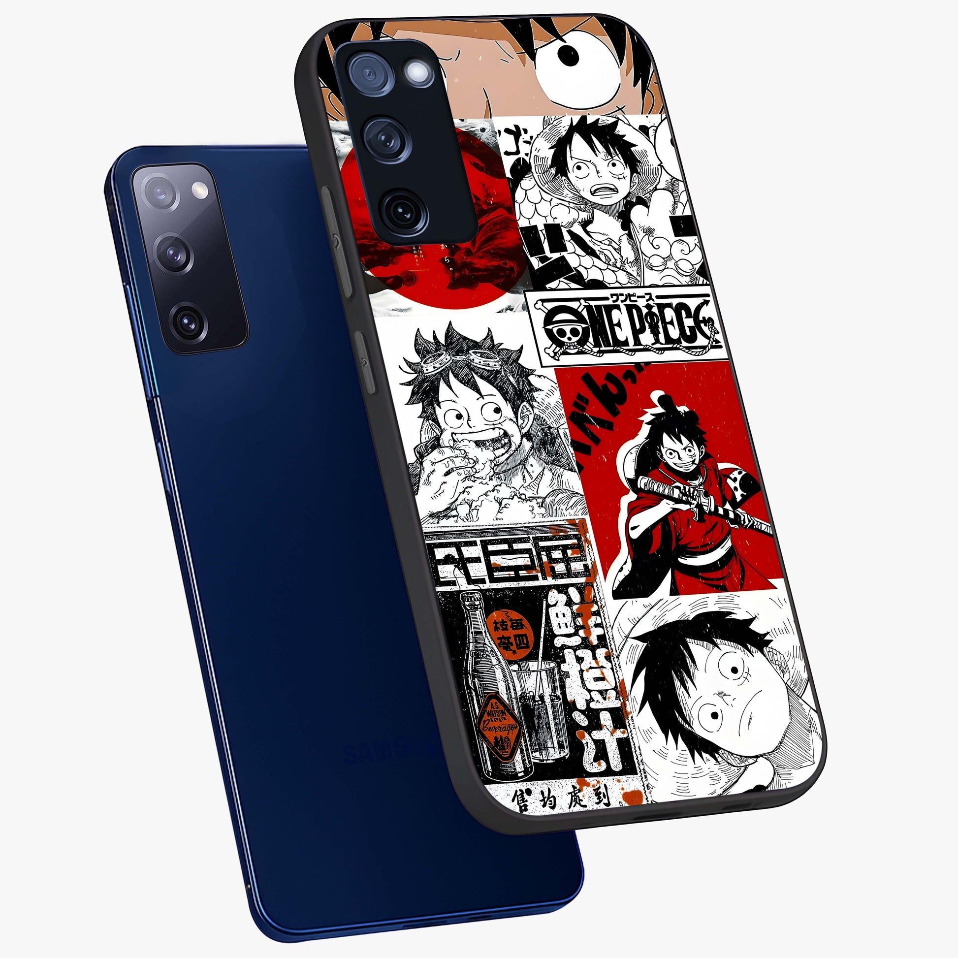 Strawhat Chaos Panels Glass Case displayed in angled mockup highlighting vibrant anime collage design with action aesthetic.