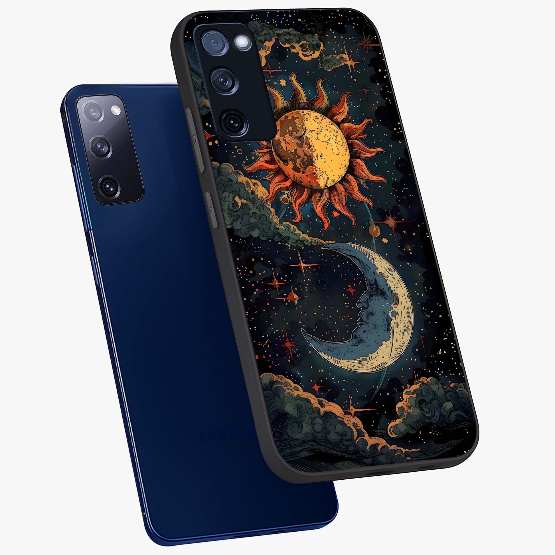 Sun And Moon Magic Design Glass Case displayed in angled mockup highlighting celestial design with magical cosmic aesthetic.