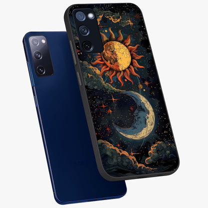 Sun And Moon Magic Design Glass Case displayed in angled mockup highlighting celestial design with magical cosmic aesthetic.