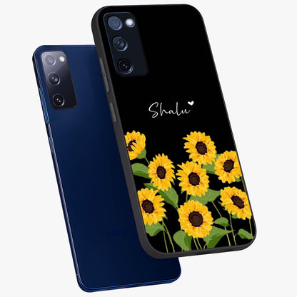 Sunflower Chic Mood Custom Name Glass Case displayed in angled mockup highlighting vibrant sunflower design with custom name feature.