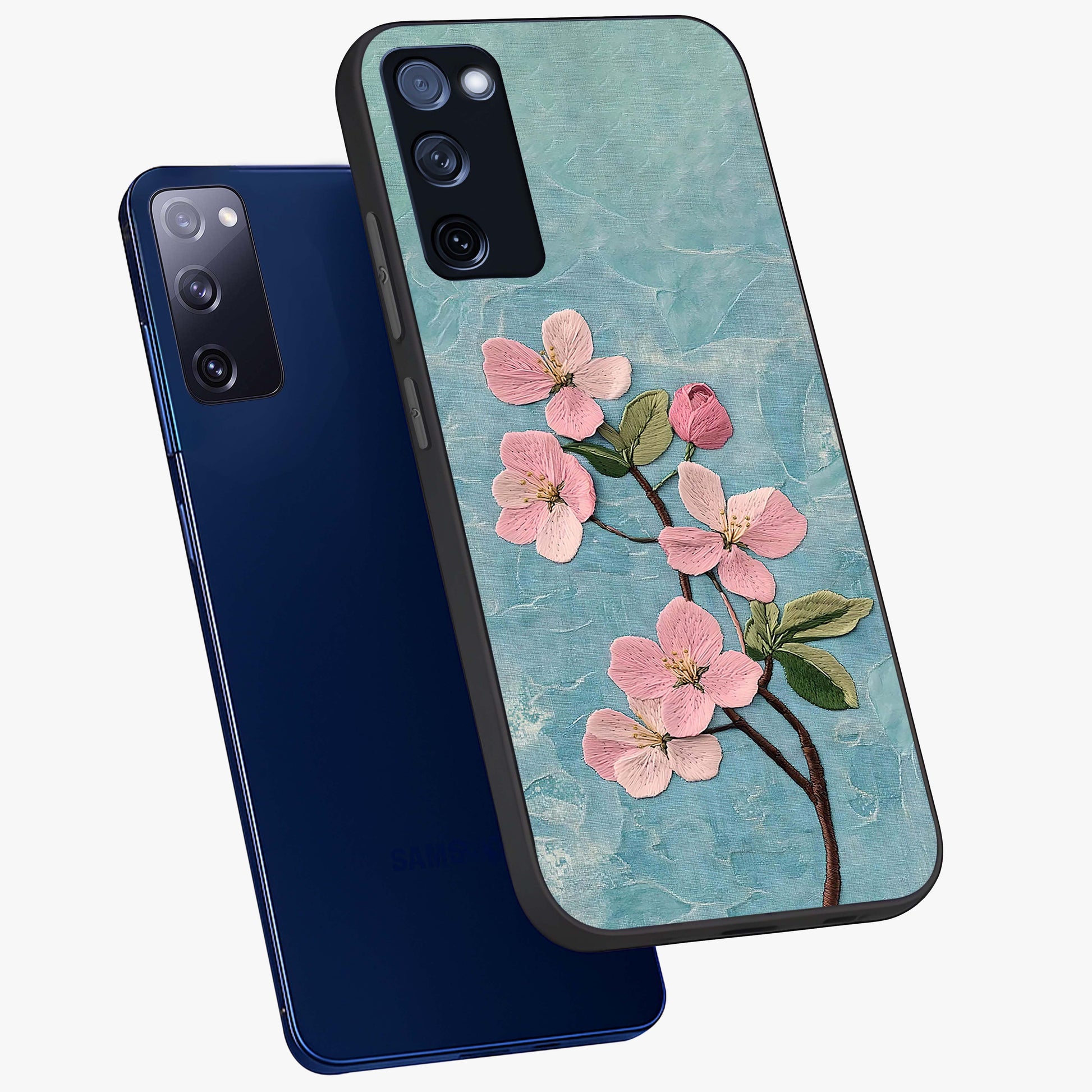 Threaded Blossom Breeze Glass Case displayed in angled mockup highlighting elegant floral design with soft aesthetic style.