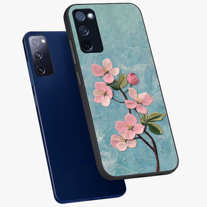 Threaded Blossom Breeze Glass Case displayed in angled mockup highlighting elegant floral design with soft aesthetic style.