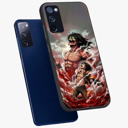 Titan Awakening Fury Glass Case displayed in angled mockup highlighting dramatic giant warrior design with bold anime aesthetic.