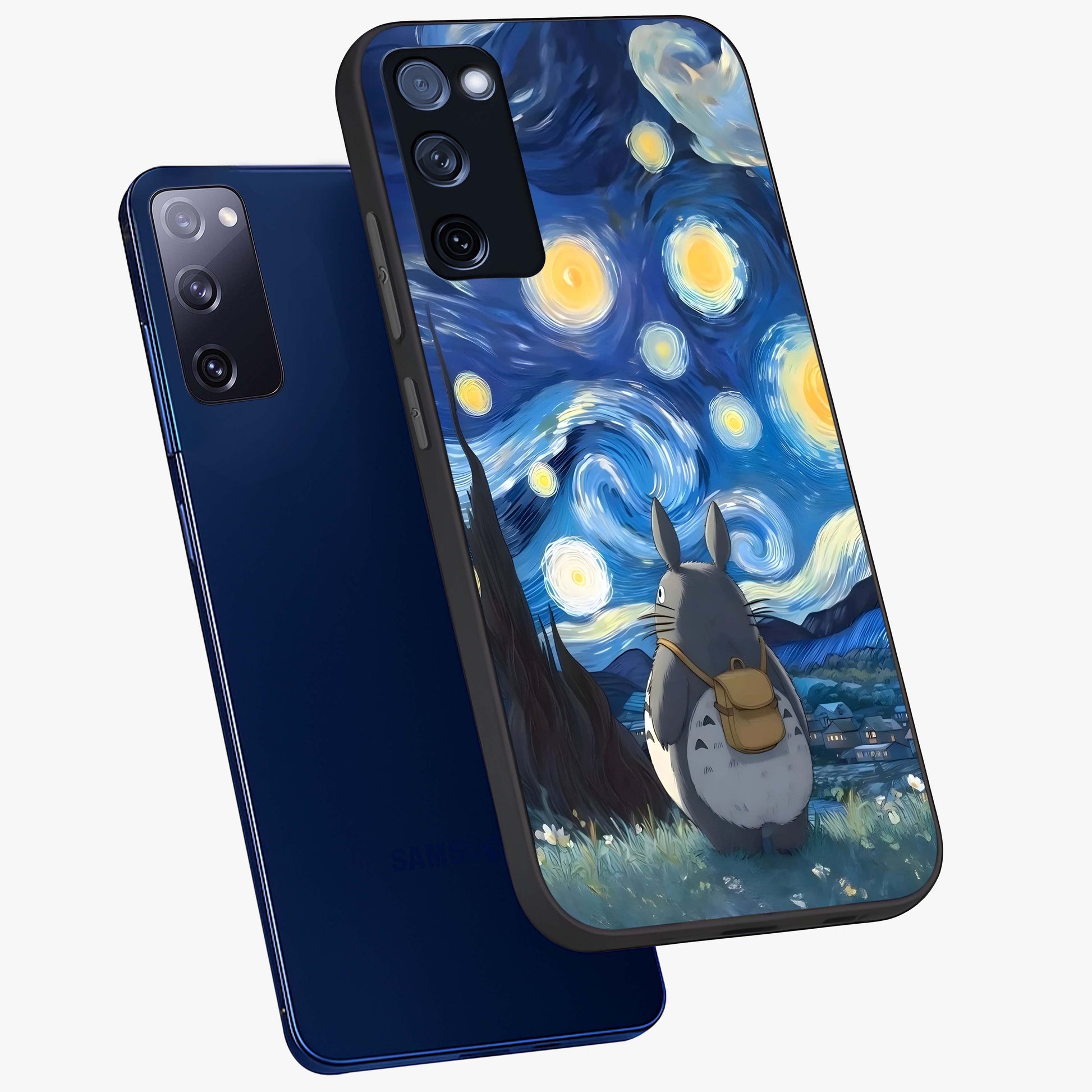 Totoro In Van Gogh Art Glass Case displayed in angled mockup highlighting artistic swirling sky design with playful animation aesthetic.